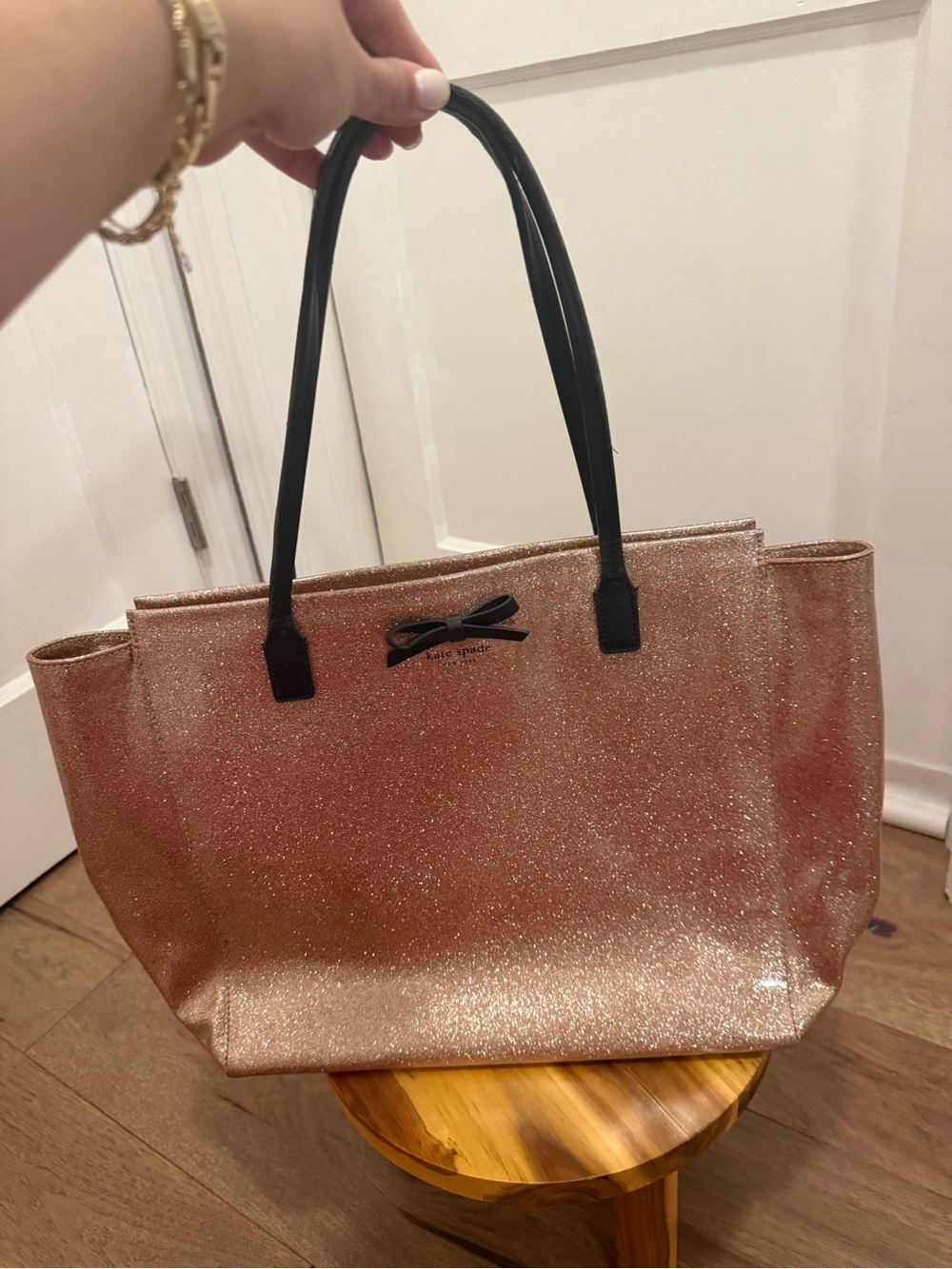 kate spade Rose Gold Glitter Tote with Black Handles